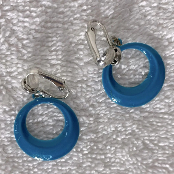 Vintage Blue  Painted Metal Small Hoop Clip On Earrings - Picture 5 of 9